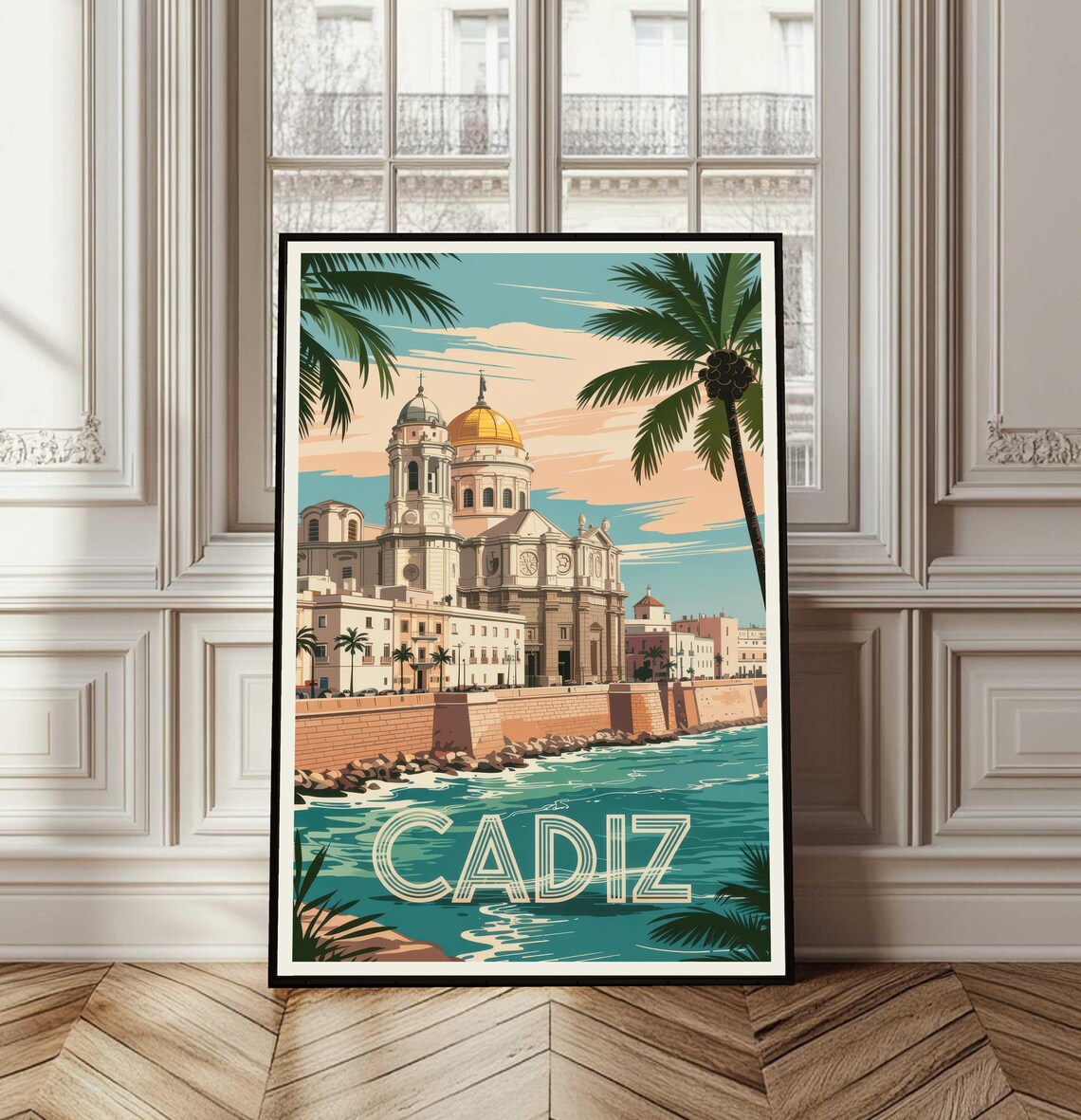 Cadiz Spain Vintage Travel Cathedral Golden Dome Seaside View Poster