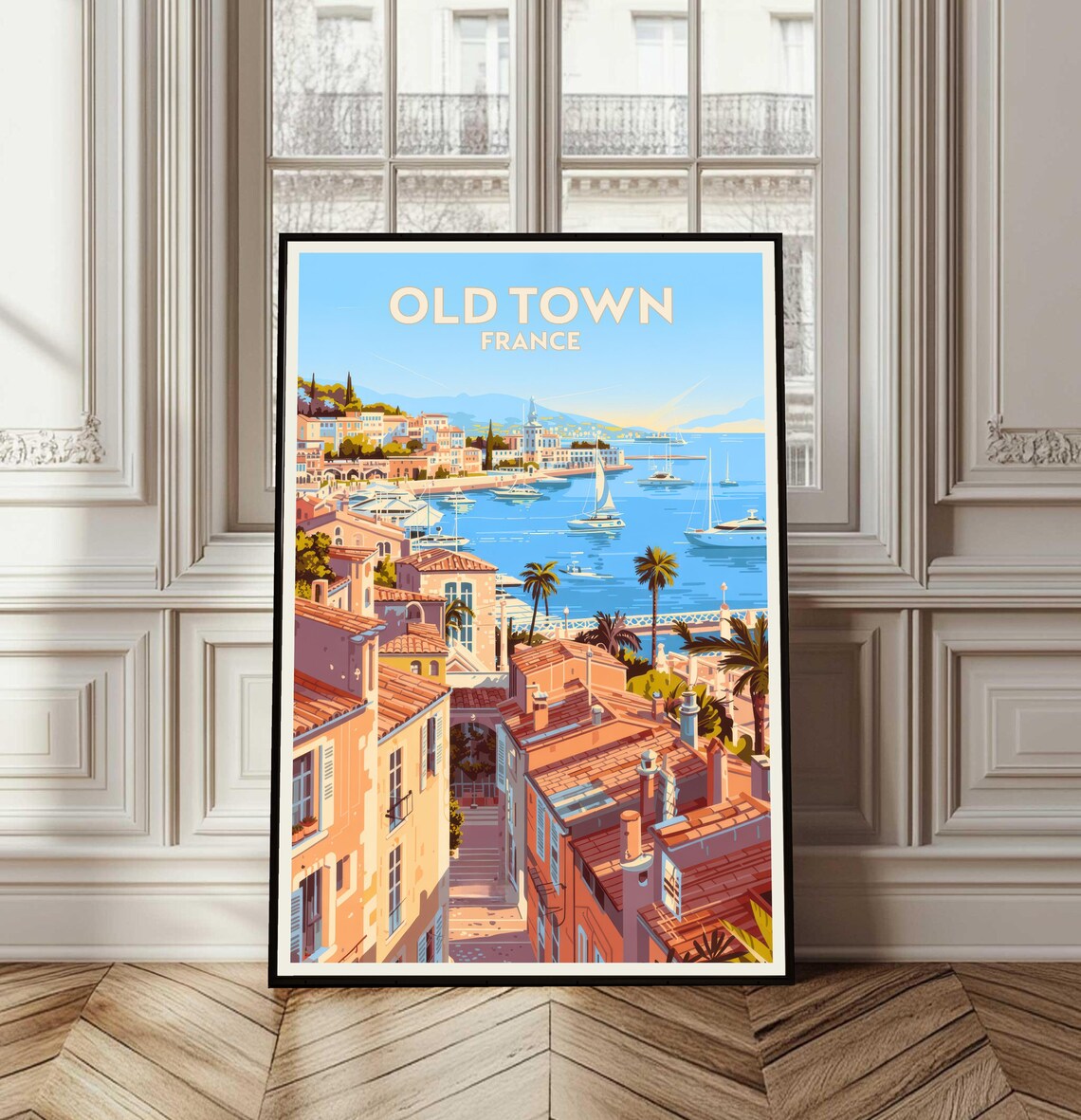 Old Town France Vintage Travel Poster Coastal Marina Harbor Sunset