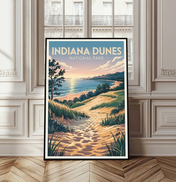 Indiana Dunes National Park Vintage Travel Poster Lake Michigan Sunset