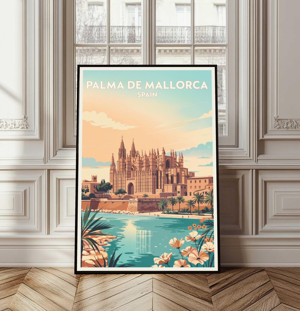 Palma De Mallorca Spain Vintage Travel Poster Cathedral Waterfront Art