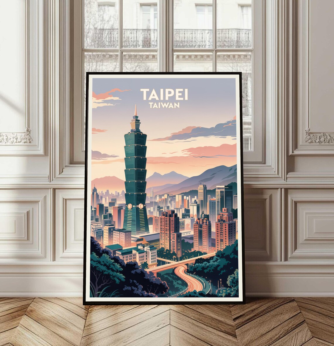 Taipei 101 Tower Taiwan Travel Poster Retro City Skyline Illustration