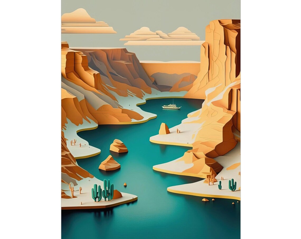Desert Canyon River Boat Paper Cut Style Turquoise Water Poster
