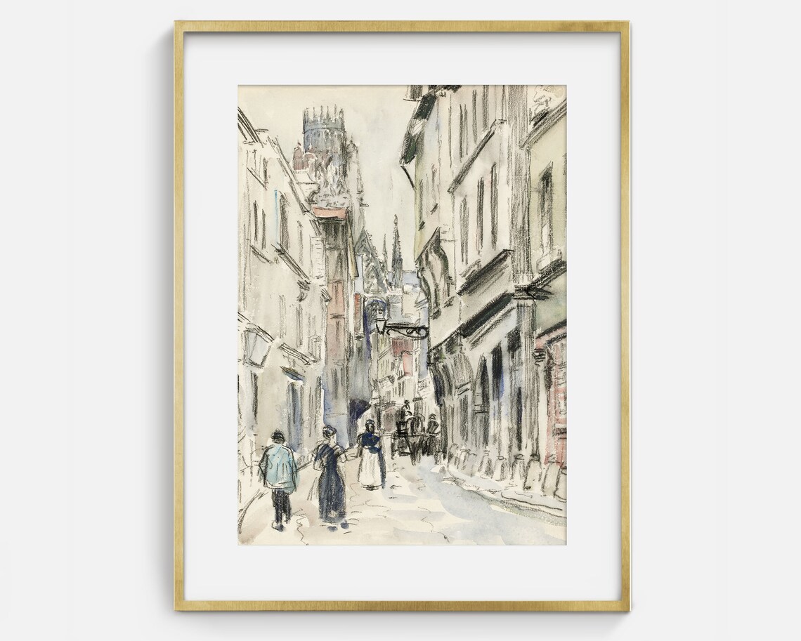 Old European Street Watercolor With Church Tower Cityscape Art Poster - Image 2