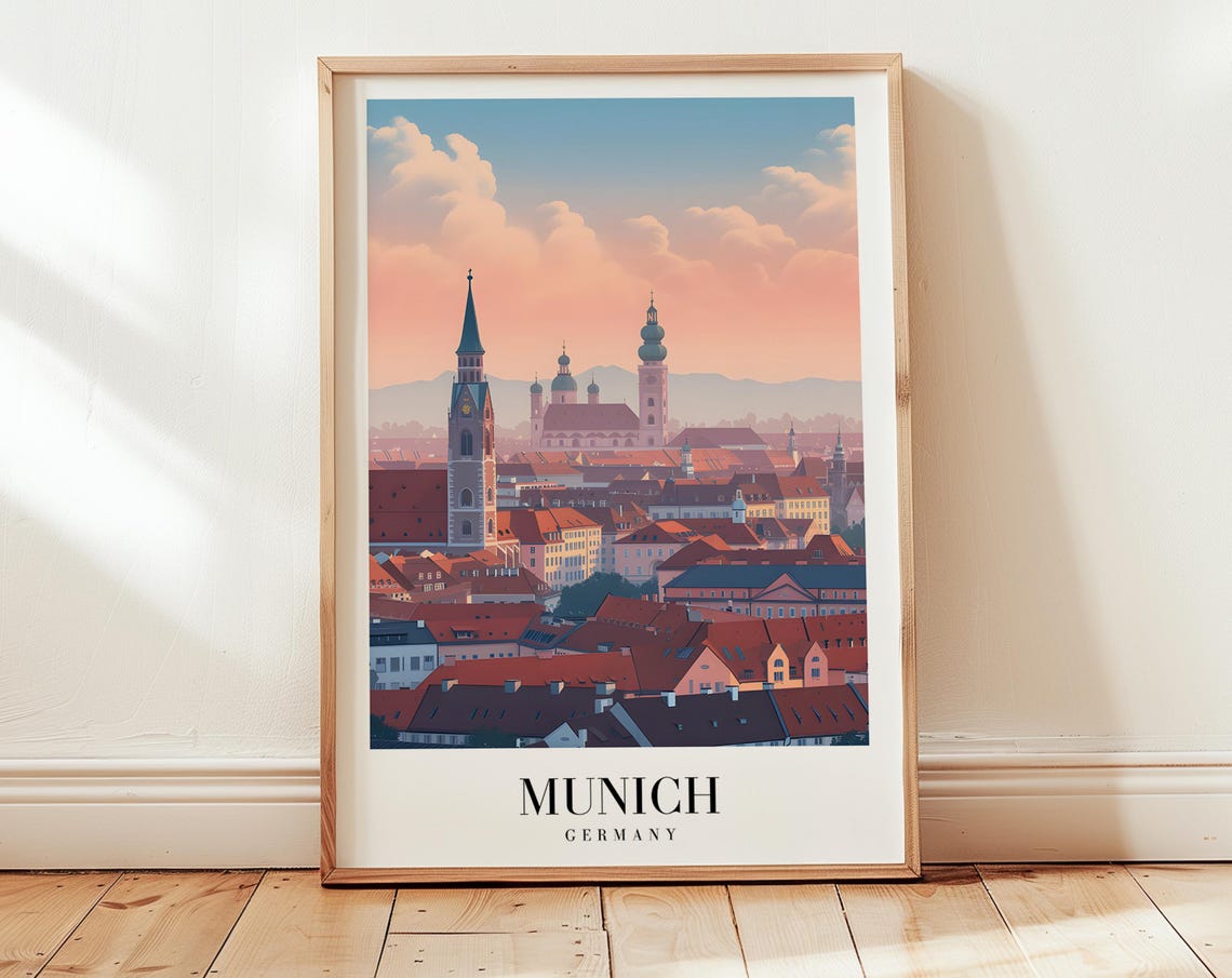 Munich Germany Church Spires Rooftops Sunset Minimalist Travel Poster