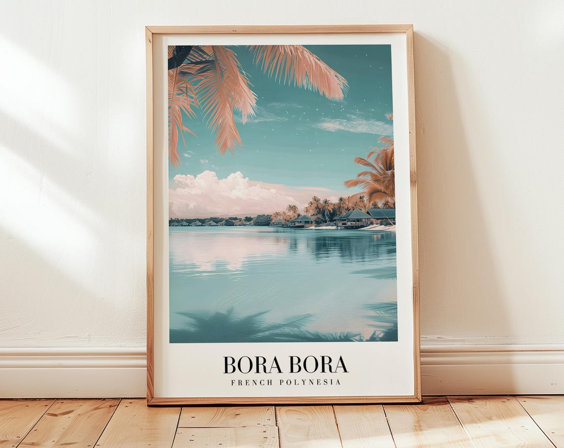 Bora Bora French Polynesia Lagoon Palm Pastel Retro Travel Poster