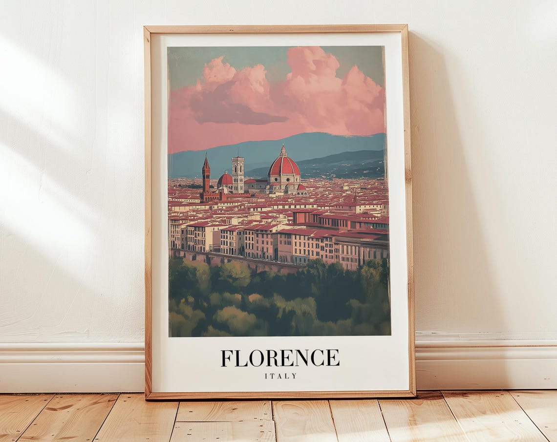 Florence Italy Duomo Cathedral Pink Sky Minimalist Travel Wall Poster