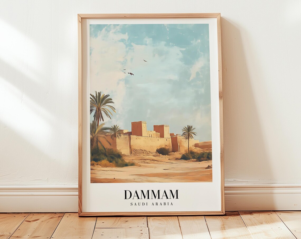 Dammam Saudi Arabia Arabian Desert Fort Palms Vintage Travel Poster