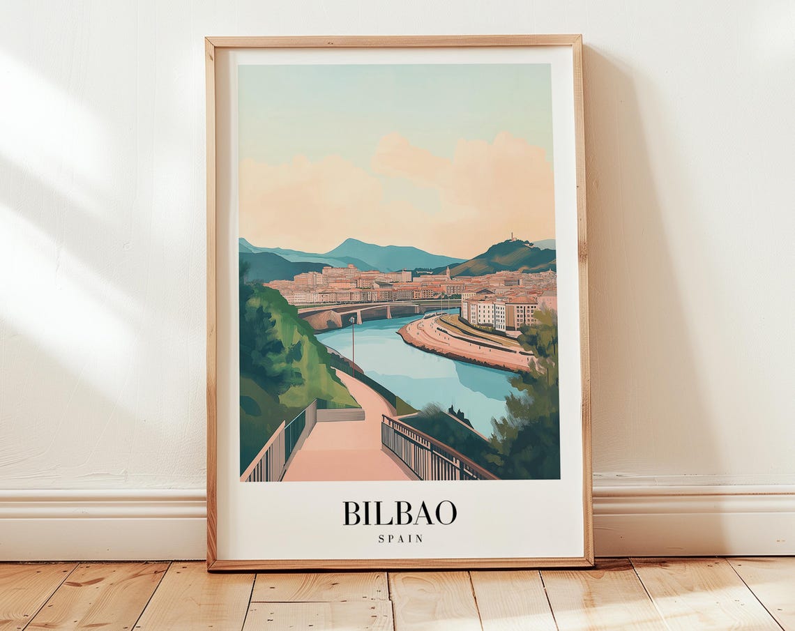 Bilbao Spain Riverside Old Town Bridge Hills Vintage Travel Poster