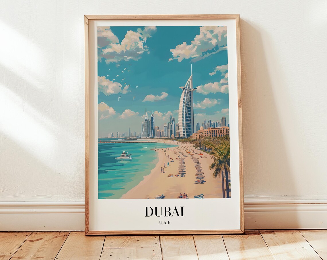 Dubai UAE Burj Al Arab Beach Palms Skyline Retro Travel Poster