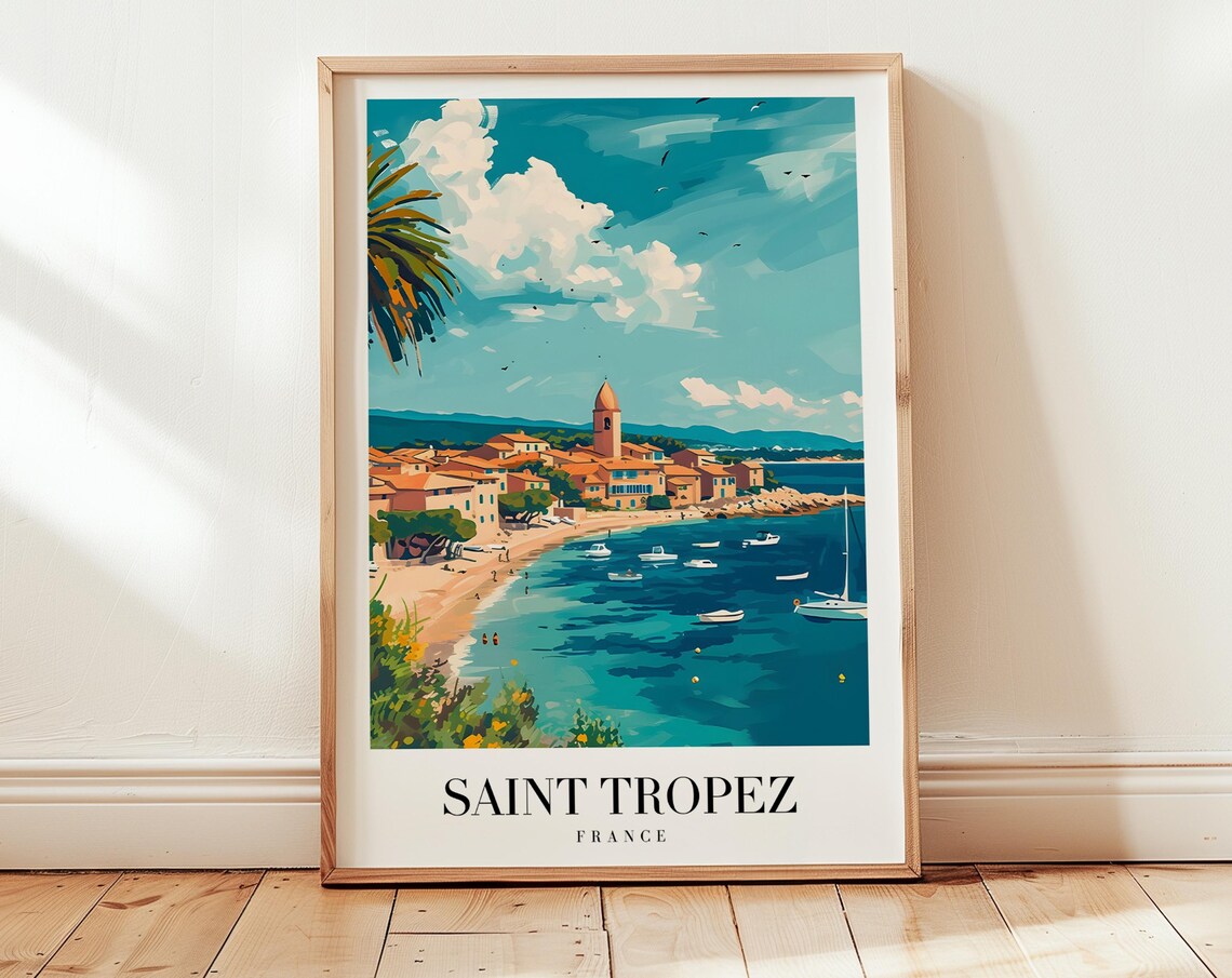 Saint Tropez France Riviera Harbor Sailboats Vintage Travel Poster