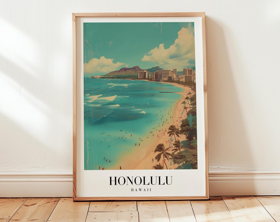 Honolulu Hawaii Waikiki Beach Vintage Retro Tropical Travel Poster
