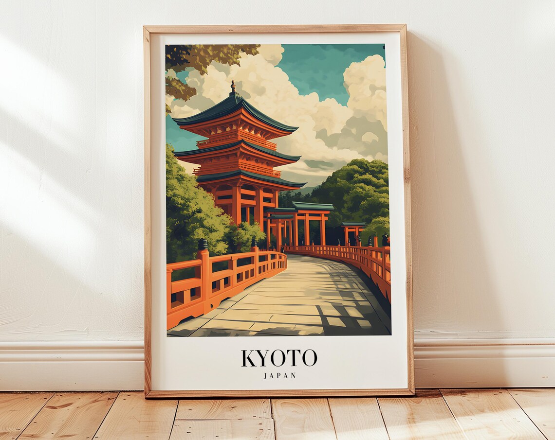 Kyoto Japan Red Pagoda Sacred Temple Bridge Vintage Travel Poster