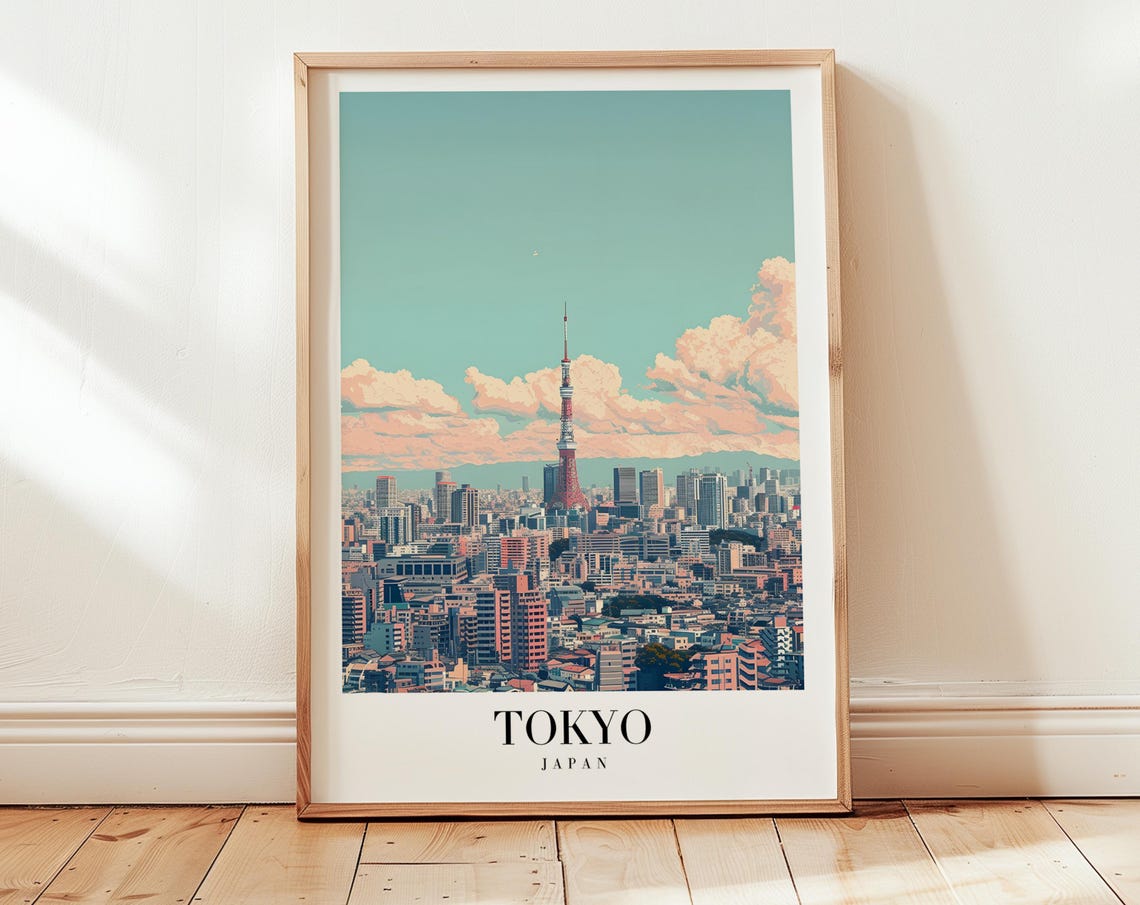 Tokyo Japan Tower Skyline Sunset Retro Style Travel Decor Poster