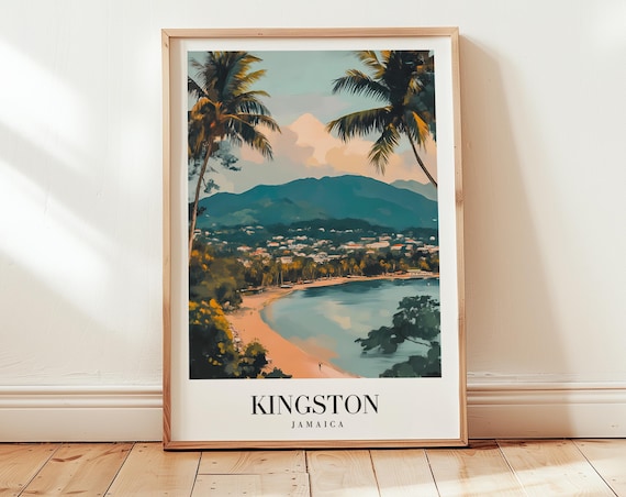 Kingston Jamaica Curved Bay Beach Mountains Sunset Escape Travel Poster