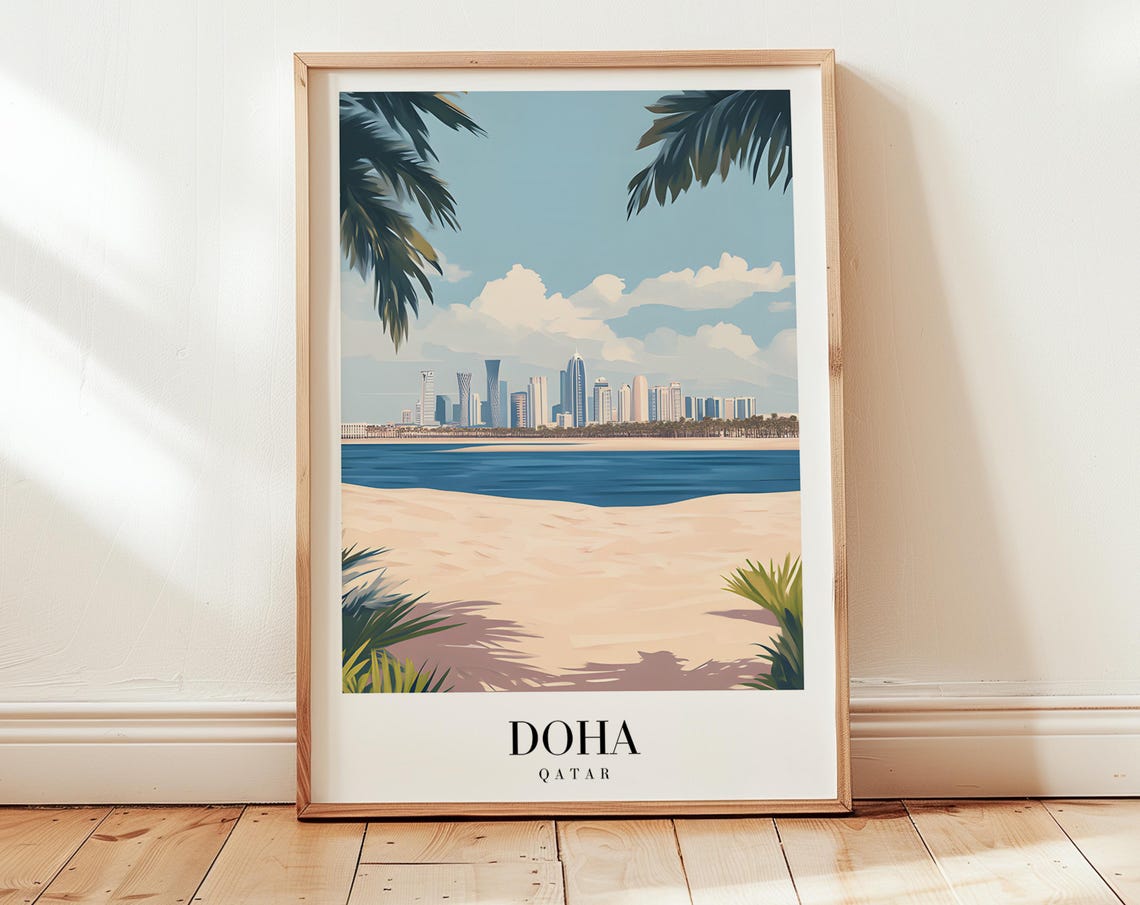 Doha Qatar Waterfront Skyline Beach Palms Vintage Travel Poster
