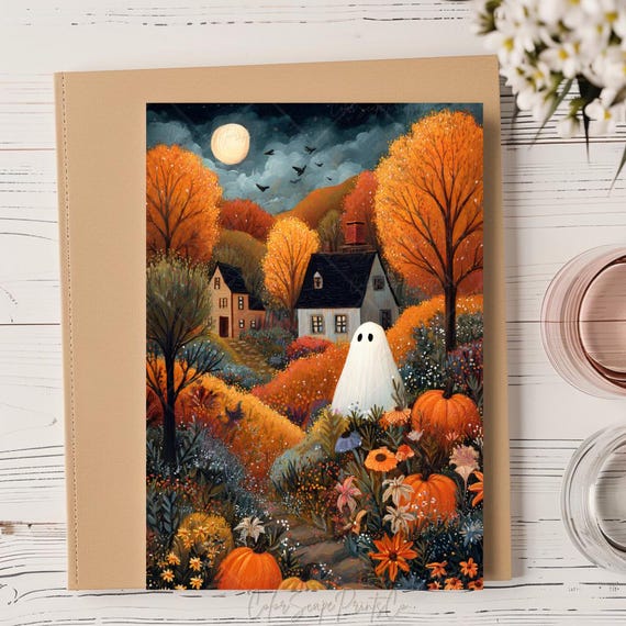 In Wildflowers Print Cute Autumn Halloween Wall Art Folk Moonlight Whimsical Fall