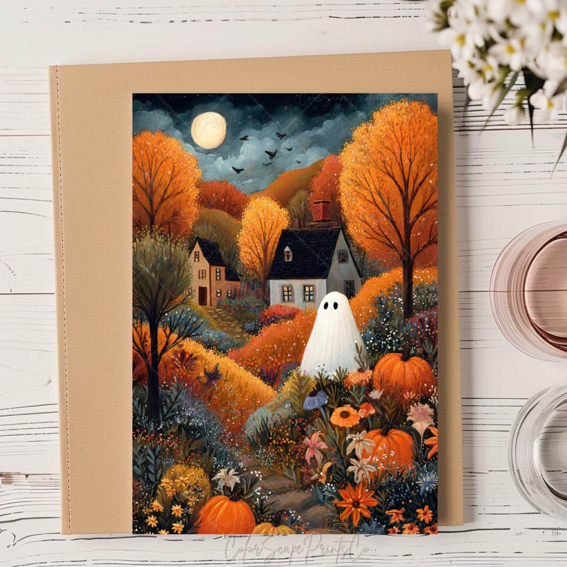 In Wildflowers Print Cute Autumn Halloween Wall Art Folk Moonlight Whimsical Fall
