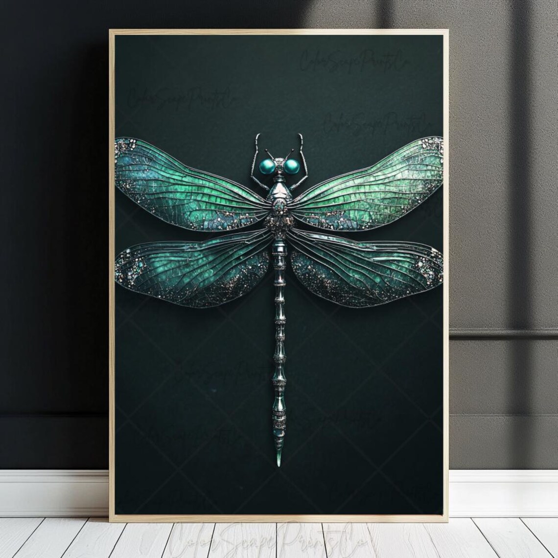 Dragonfly Painting Dark Green Metallic Jewel Wings Poster Art - Image 2