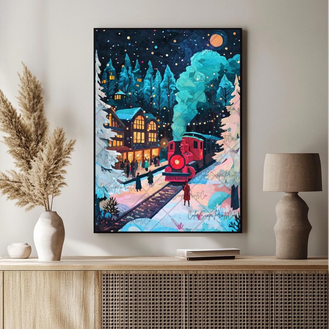 Christmas Train Holiday Poster, Snowy Railroad Print - Image 2