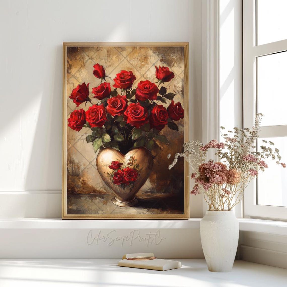 Red Roses in Heart Shaped Vase Vintage Oil Still Life Poster - Image 2