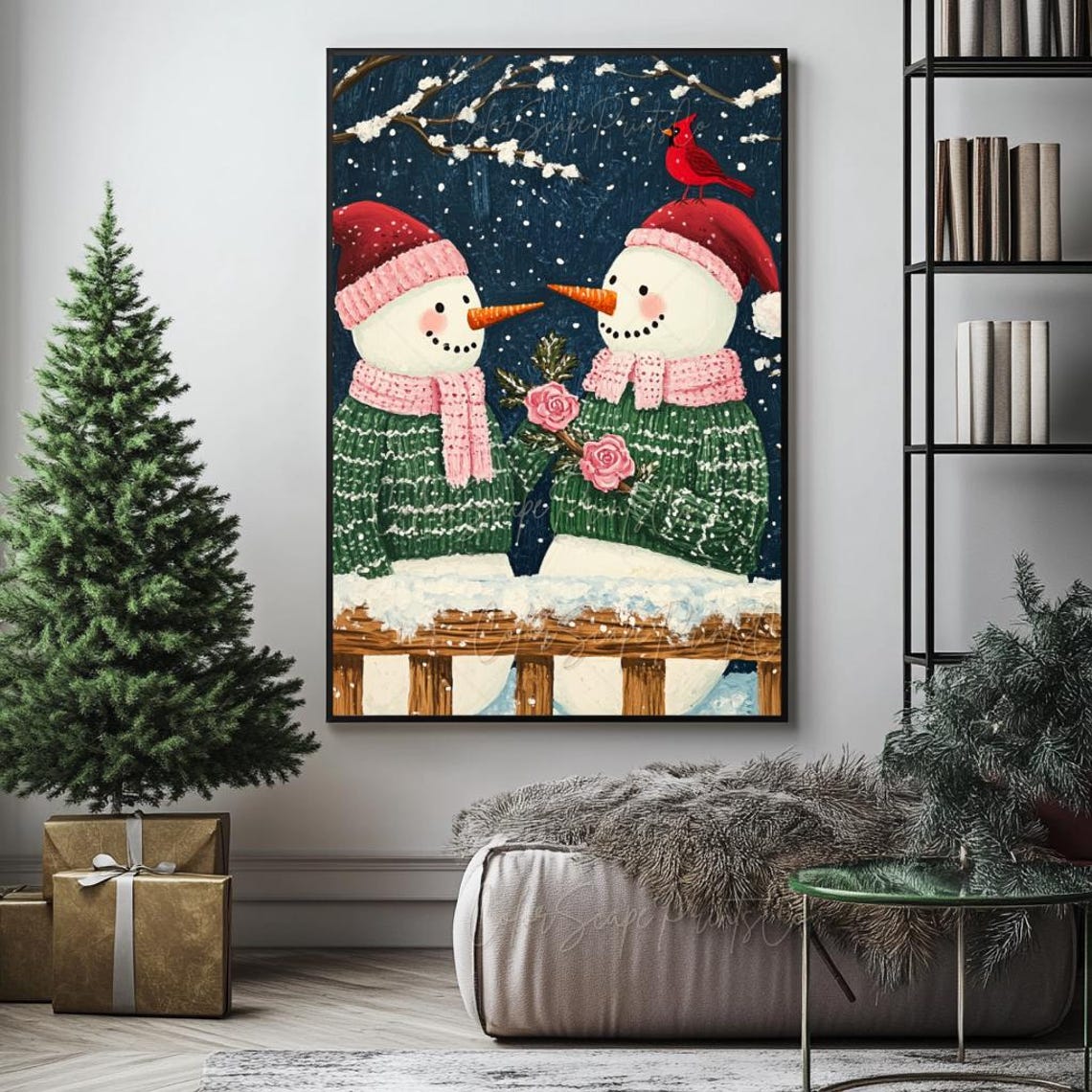 Snowmen Christmas Wall Art Colorful Snowman Painting Pink Snowman With Roses Winter Scenery Christmas Nursery Print Snowman Family - Image 4