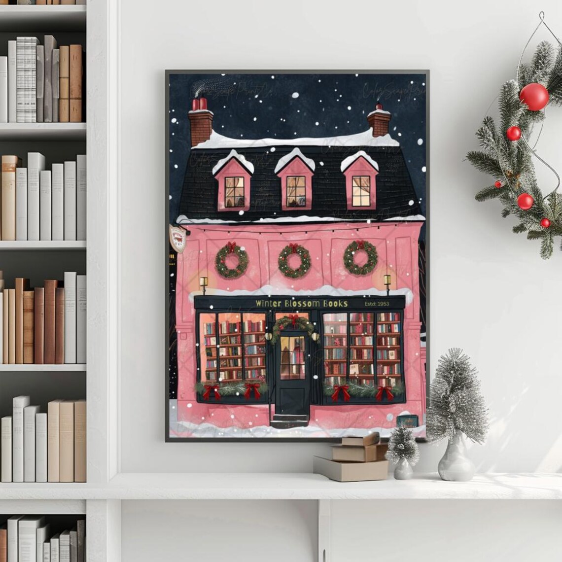 Winter Bookstore Christmas Bookshop New York Art Print - Image 3