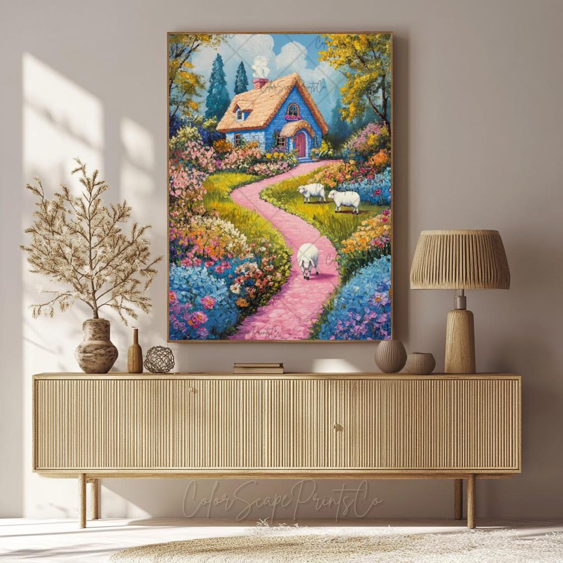 Blue Cottage Garden with Pink Path and Sheep Storybook Poster - Image 3