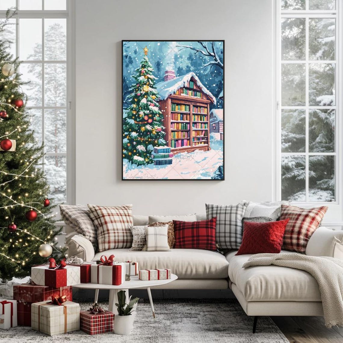 The Story Cabin Filled with Books in Snow with Christmas Tree Poster - Image 4