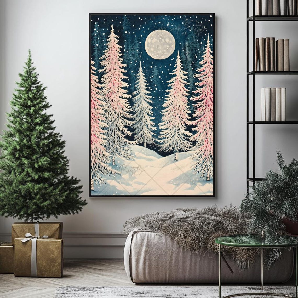 Starry Navy Night Sky Over Frosted Pink Pine Trees Moon Art Poster - Image 2