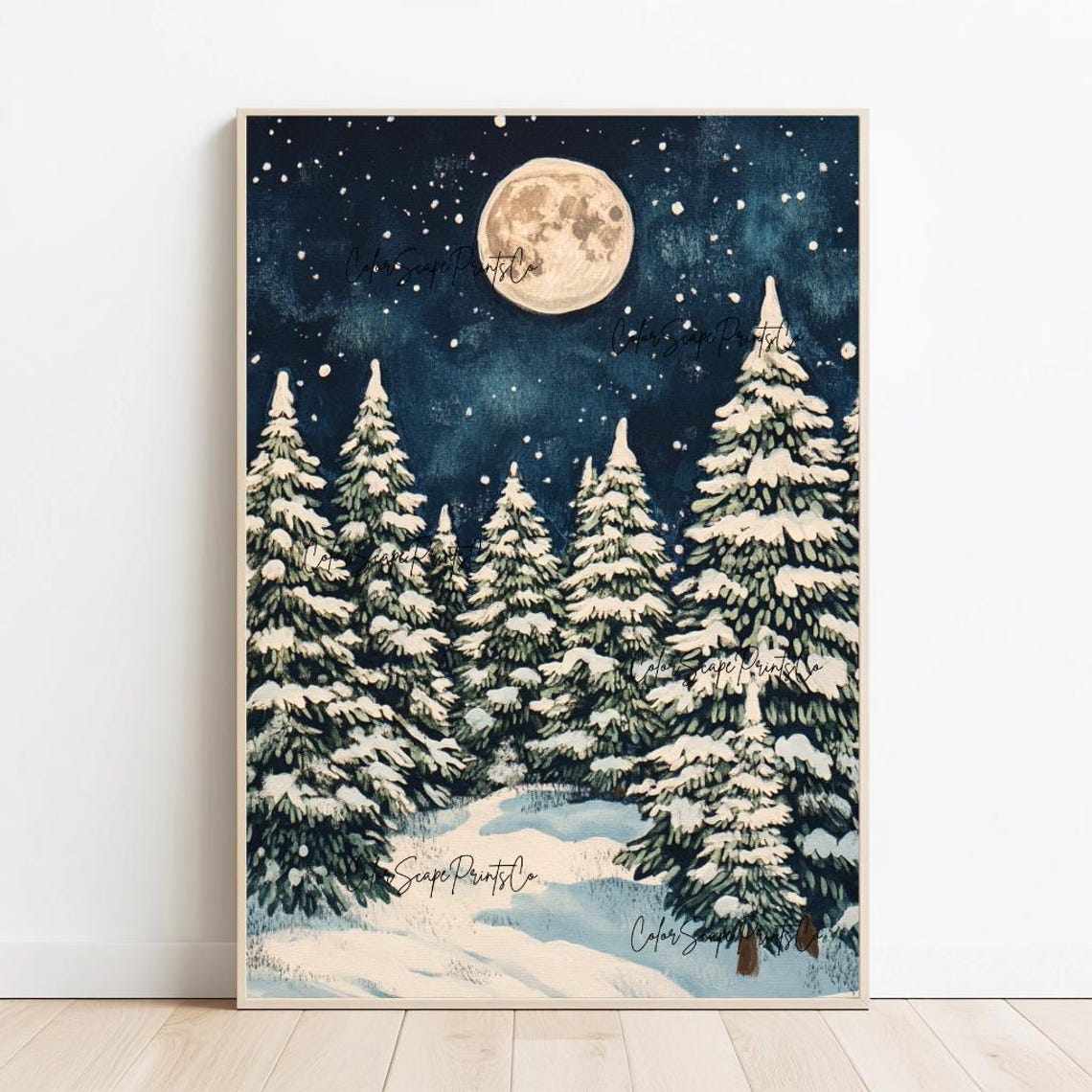 Snowy Evergreen Forest Under Full Moon Starry Night Painting Poster