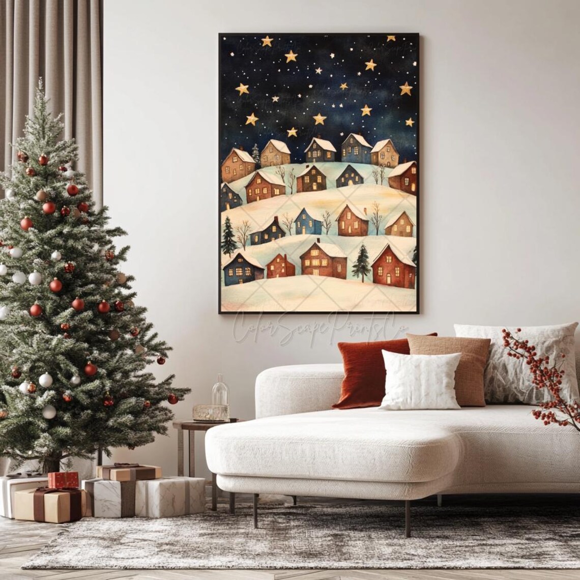 Snowy Village Hills Starry Night Sky Golden Stars Winter Poster - Image 3
