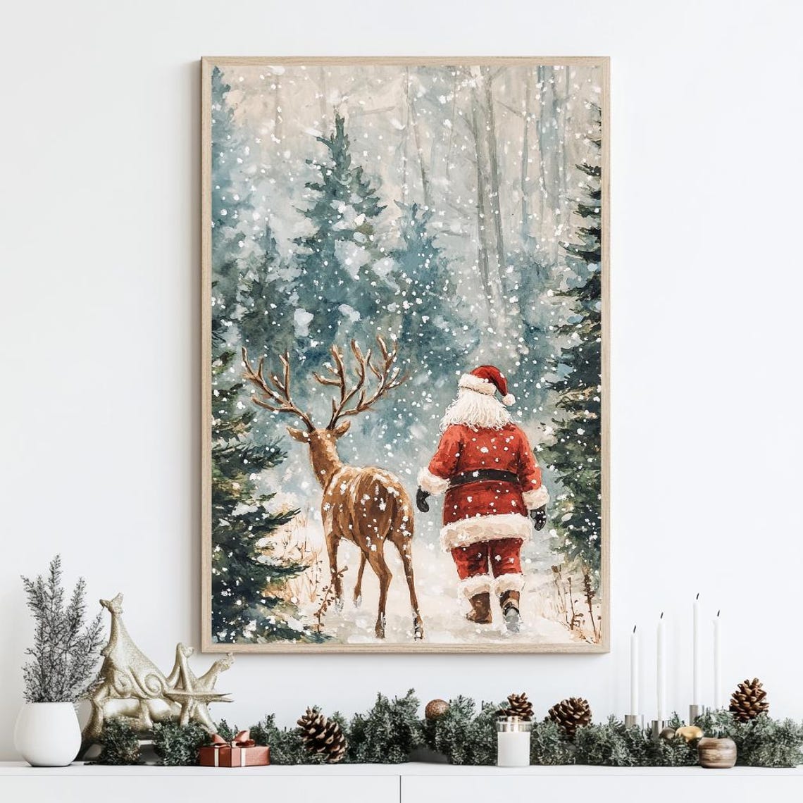 Santa Claus Walking with Reindeer Snowy Forest Watercolor Poster - Image 2