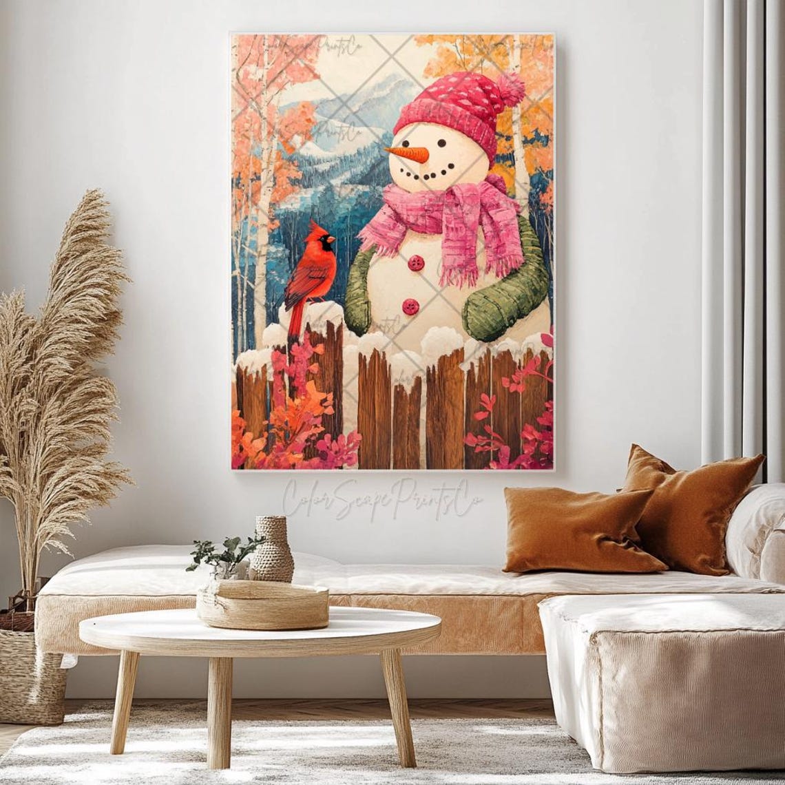 Snowman and Red Cardinal Pink Hat Snowy Mountain Fence Poster - Image 2