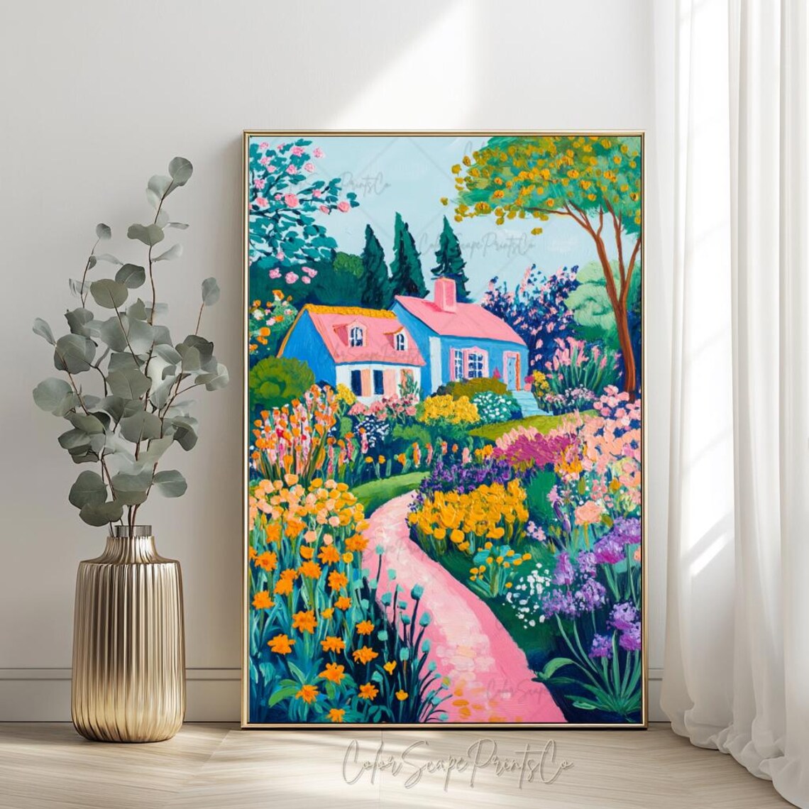 Blue Cottage Wildflower Garden Painting Pink Path Spring Poster - Image 3