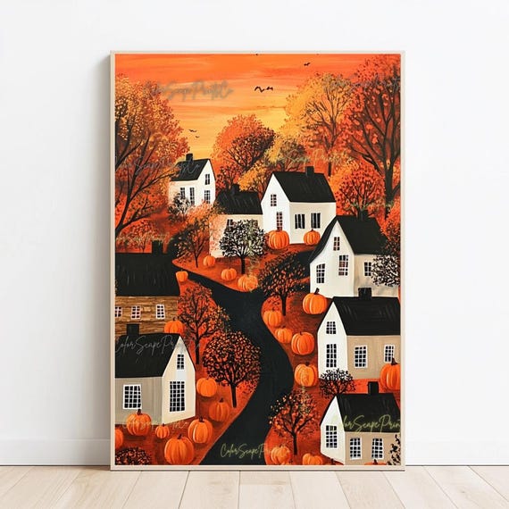Autumn Cottage Art Cozy Fall Village Folk Print Warm Whimsical Harvest Pumpkin Wall