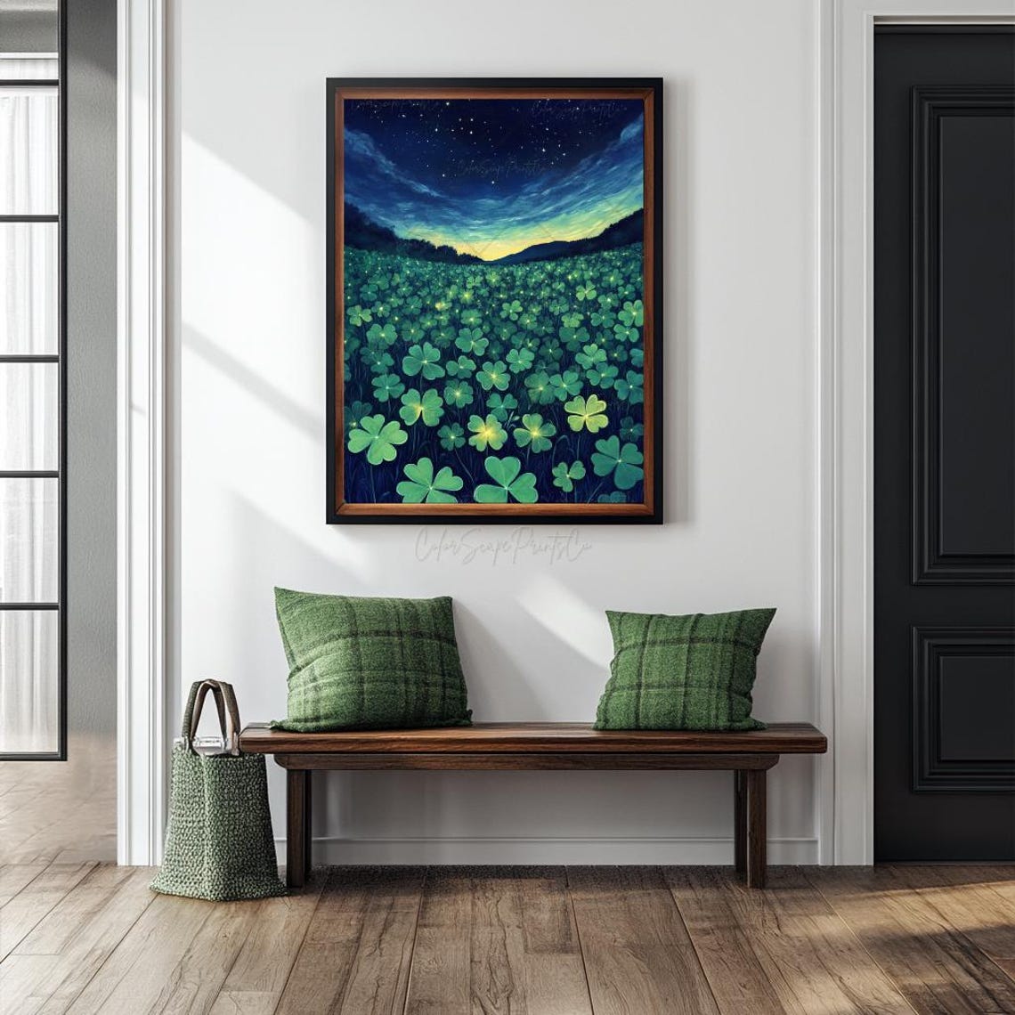 Shamrock Field Under Starry Night Sky St Patricks Day Painting Poster - Image 4