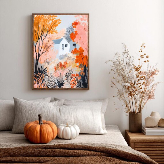 Autumn Forest Cottage Orange Pink Trees Fall Landscape Woodland Print