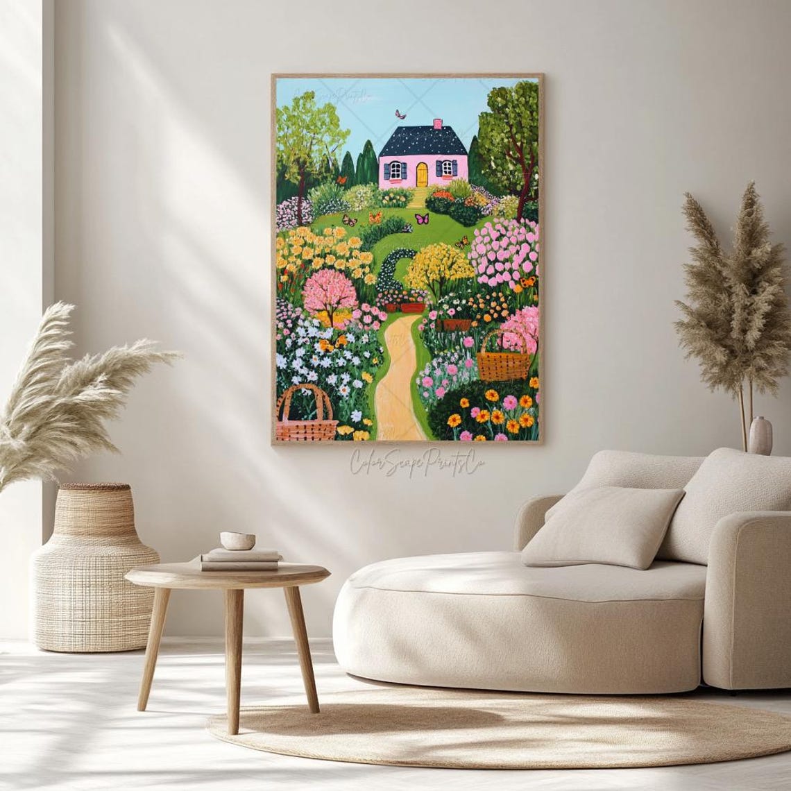 Pink Cottage Blooming Flower Garden Butterflies Spring Folk Art Poster - Image 4