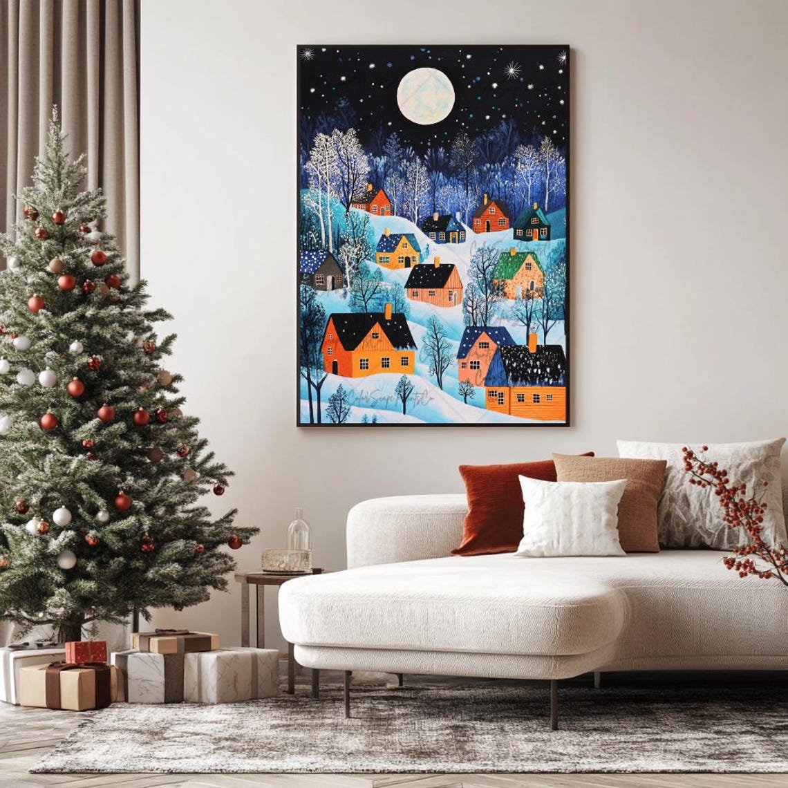 Christmas Village Wall Art Whimsical Winter Wonderland Christmas Wall Art Folk Art Christmas Snowy Landscape Winter Scene Cozy Season Print - Image 4