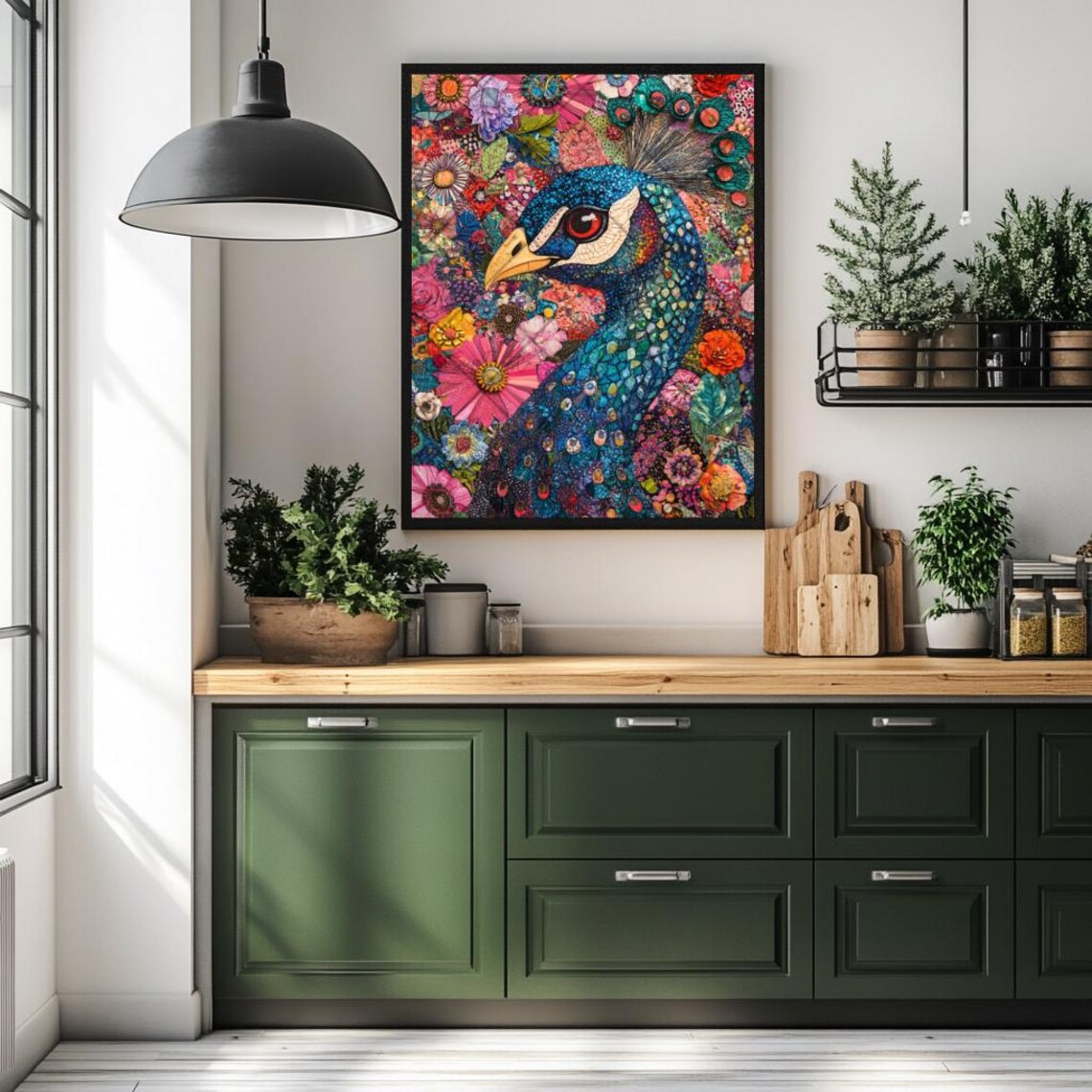 Colorful Peacock Portrait Floral Mosaic Artwork Jewel Tones Poster - Image 3