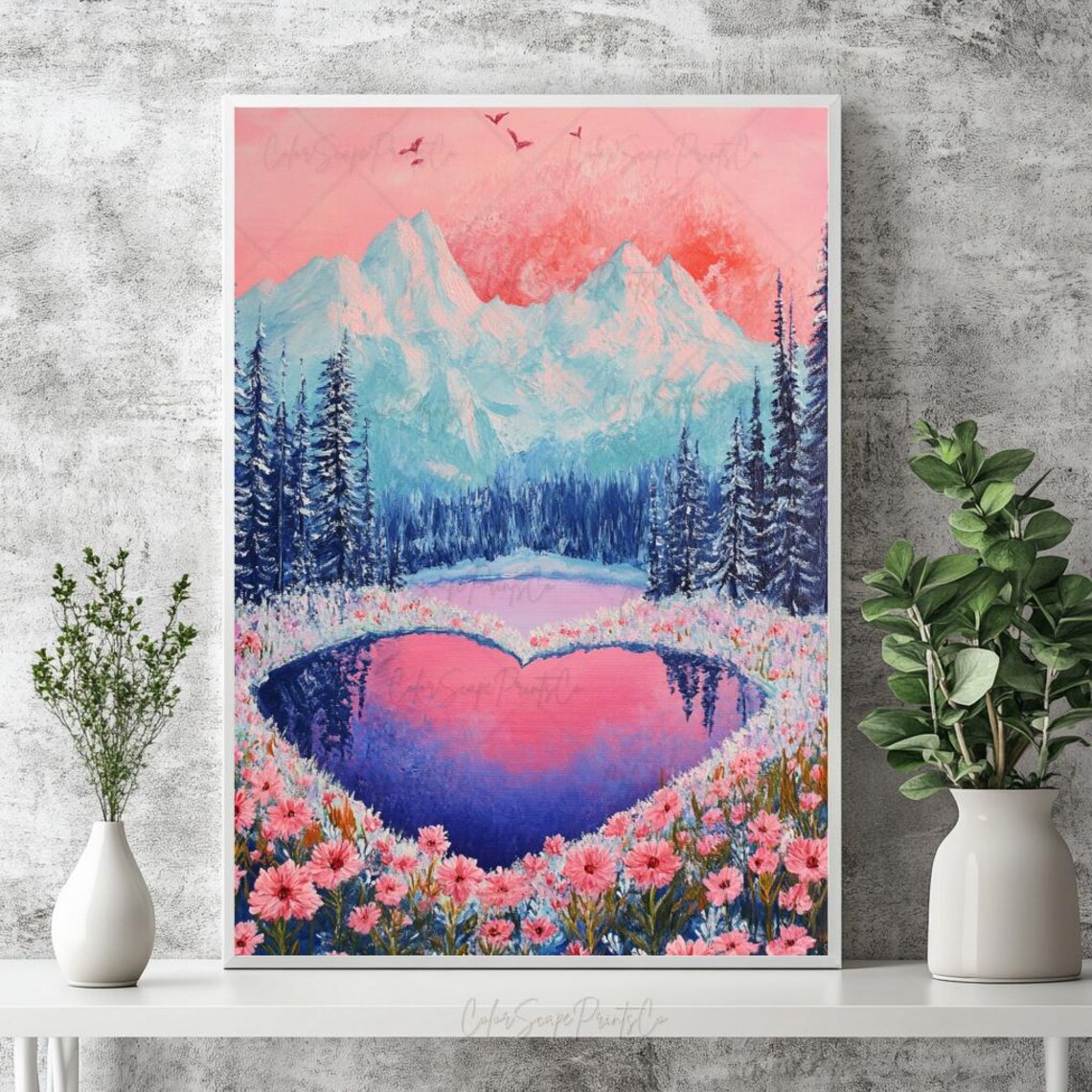Heart Shaped Lake at Sunset Pink Mountains Wildflowers Poster - Image 4