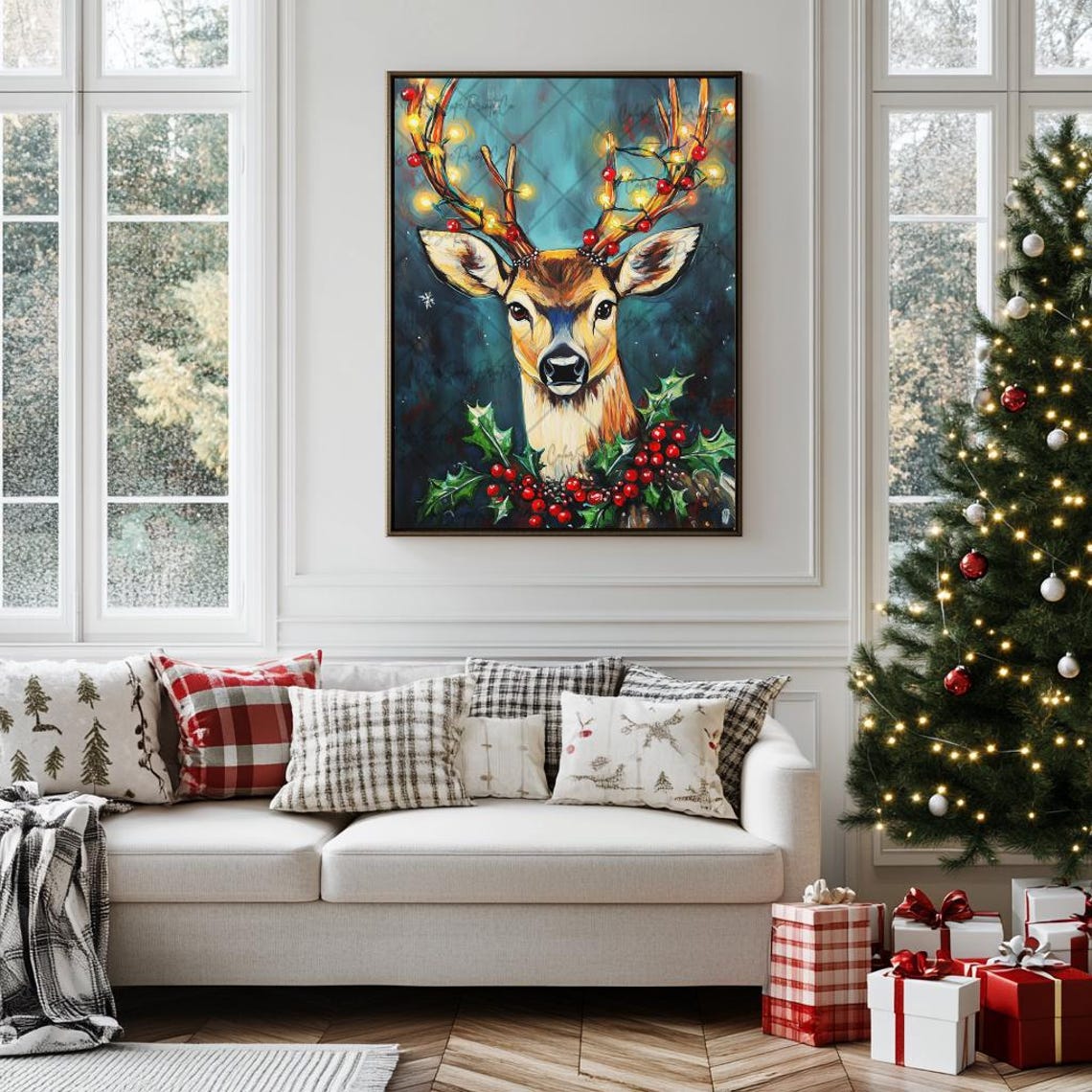 Festive Reindeer Wrapped in Twinkling Christmas Lights Holiday Poster - Image 2