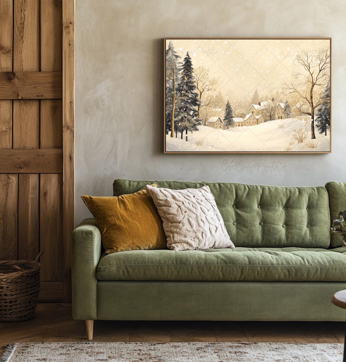 Cozy Snowy Village Winter Landscape Painting Poster in Soft Neutrals - Image 4