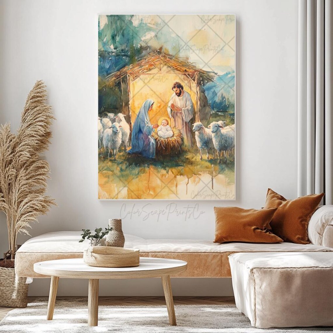 Jesus in the Holy Manger Nativity Scene Mary Joseph Sheep Poster - Image 4
