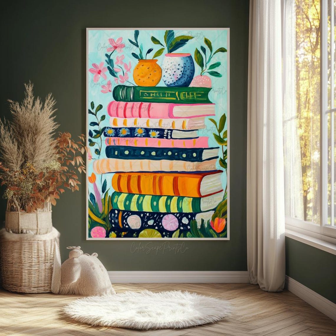 Pastel Book Stack Wall Art Colorful Floral Bookshelf Reading Decor - Image 2