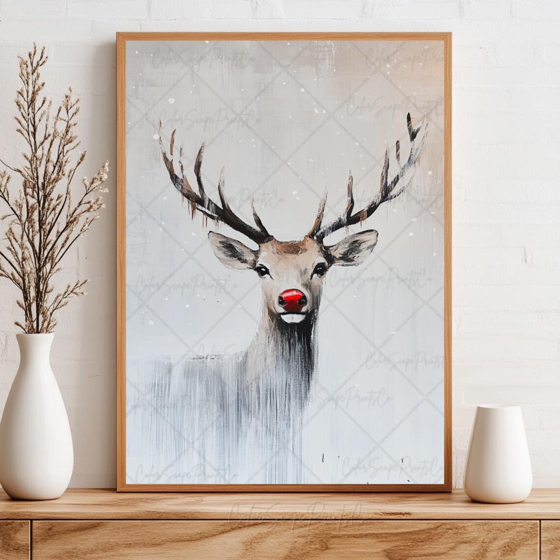 Red Nosed Reindeer Minimalist Winter Christmas Portrait Poster - Image 3
