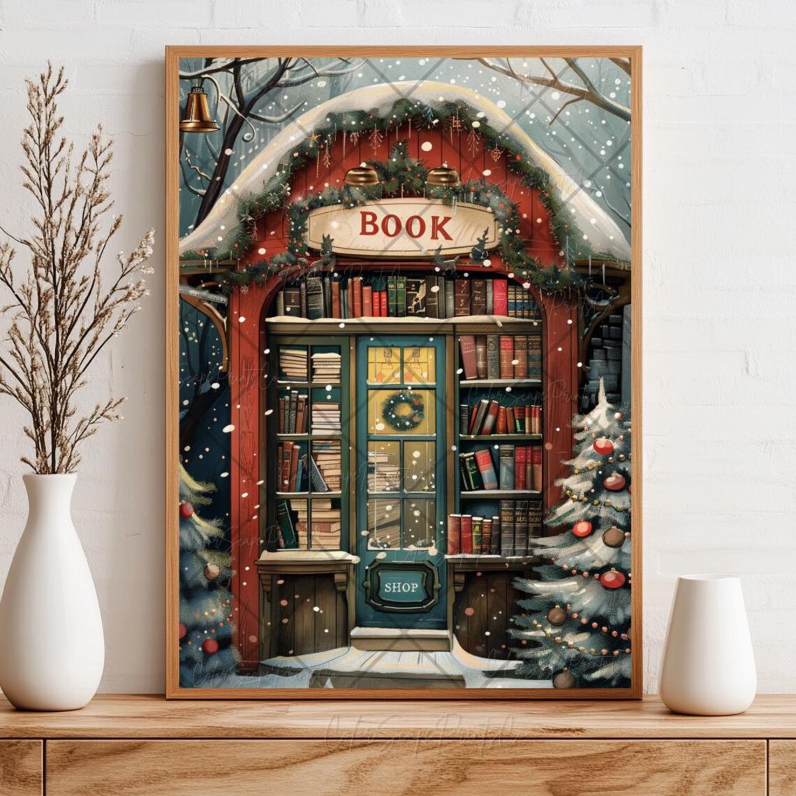 Cozy Red Bookshop Snowy Night Glowing Windows Holiday Poster - Image 4