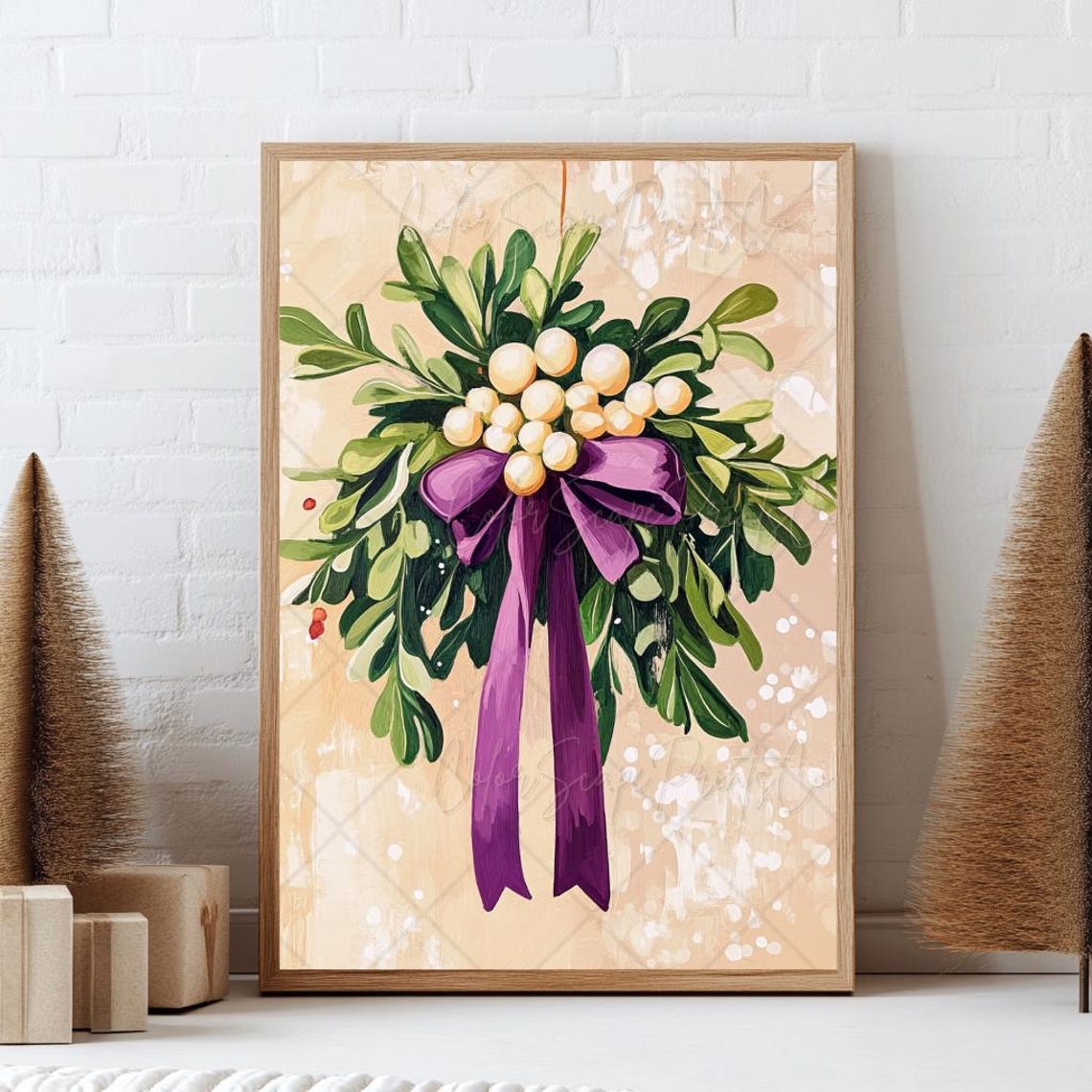White Berry Holiday Spray with Purple Bow Botanical Winter Art Poster - Image 4