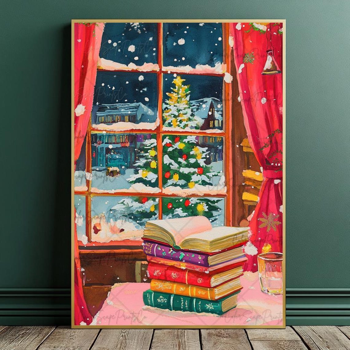 Christmas Reading Books Snowy Window Tree Cozy Holiday Poster - Image 3