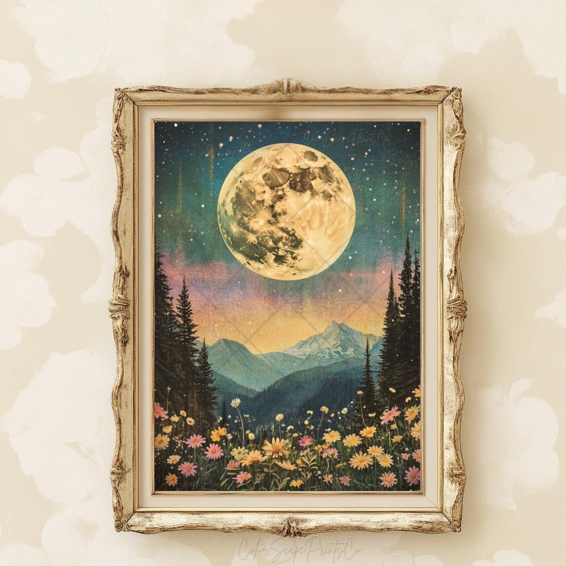 Giant Full Moon Over Mountains and Wildflower Meadow Night Poster - Image 3